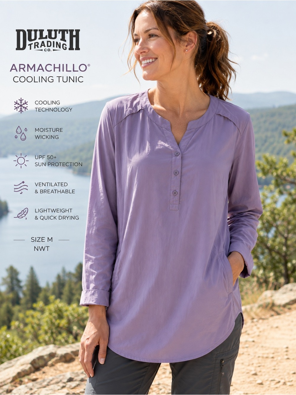 Duluth Trading Armachillo Cooling Tunic M Purple UPF Hiking Travel Shirt NWT